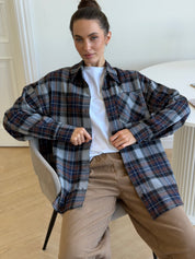 Koszula flanelowa w niebiesko-brązową kratę na szarym, One Size