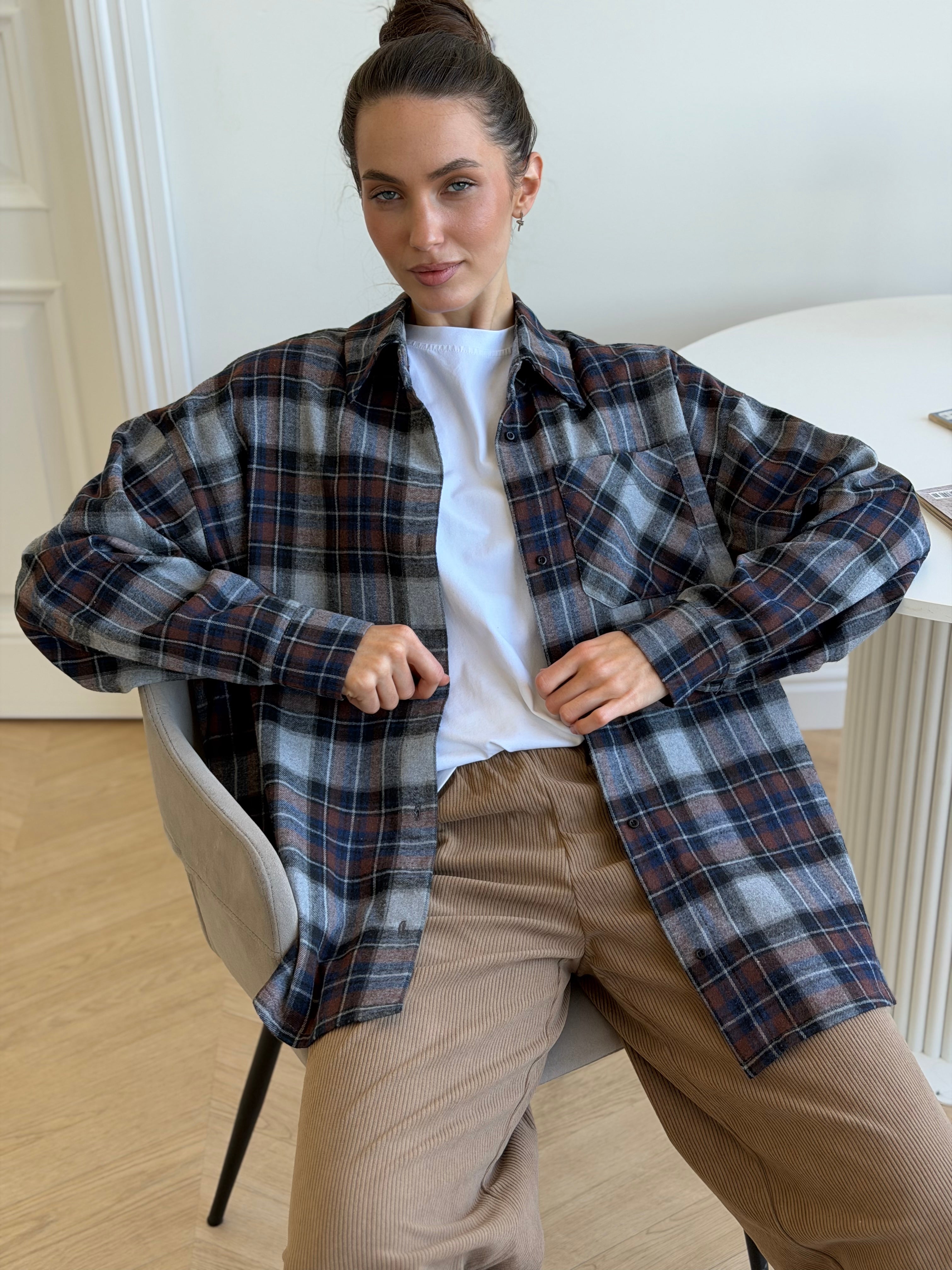 Koszula flanelowa w niebiesko-brązową kratę na szarym, One Size