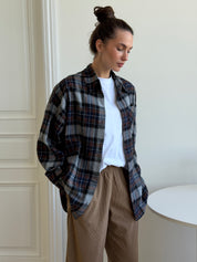 Koszula flanelowa w niebiesko-brązową kratę na szarym, One Size