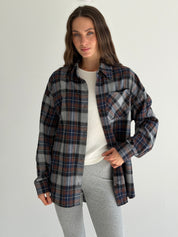 Koszula flanelowa w niebiesko-brązową kratę na szarym, One Size