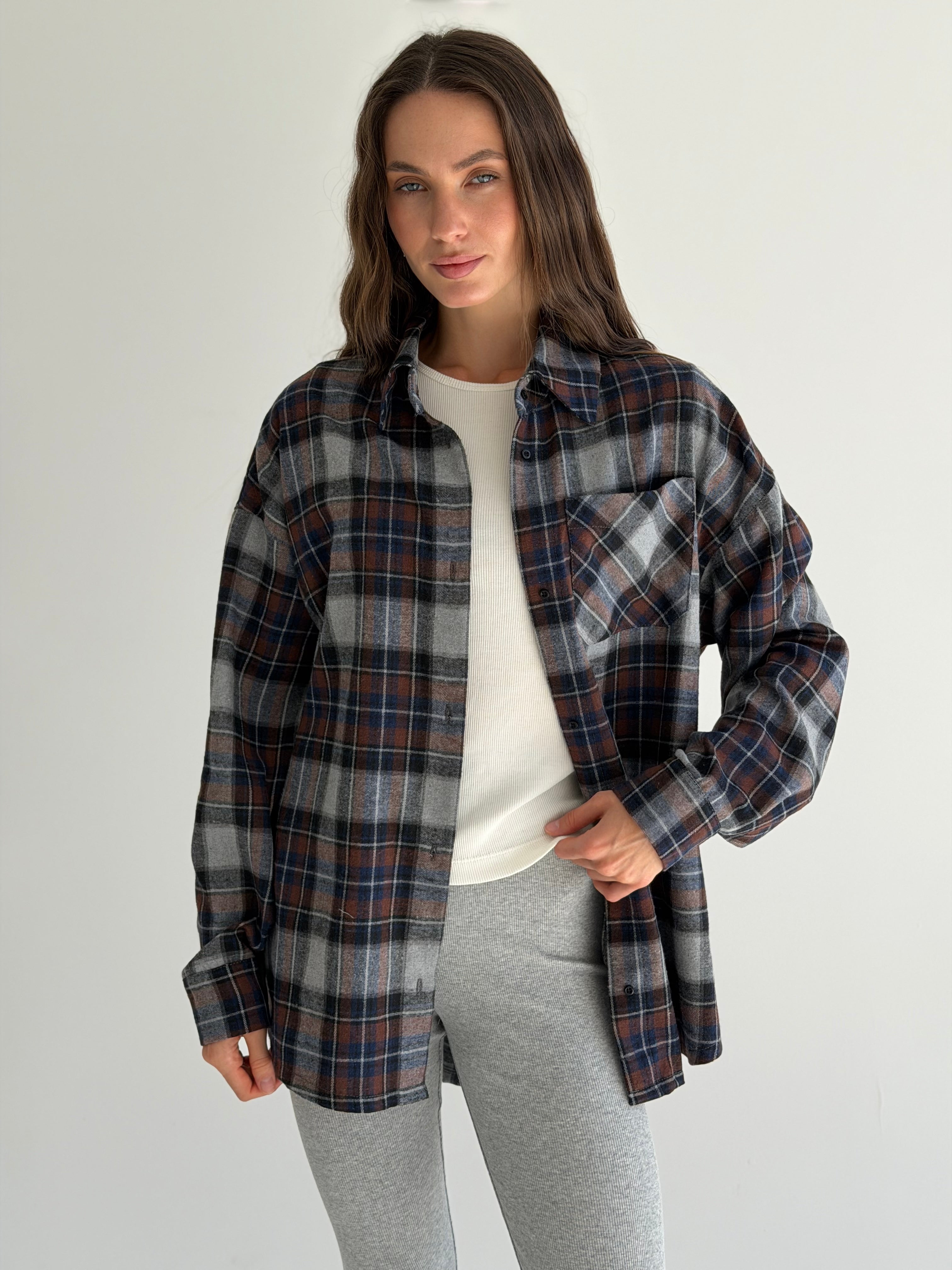 Koszula flanelowa w niebiesko-brązową kratę na szarym, One Size