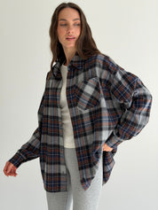 Koszula flanelowa w niebiesko-brązową kratę na szarym, One Size