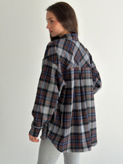 Koszula flanelowa w niebiesko-brązową kratę na szarym, One Size