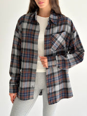 Koszula flanelowa w niebiesko-brązową kratę na szarym, One Size