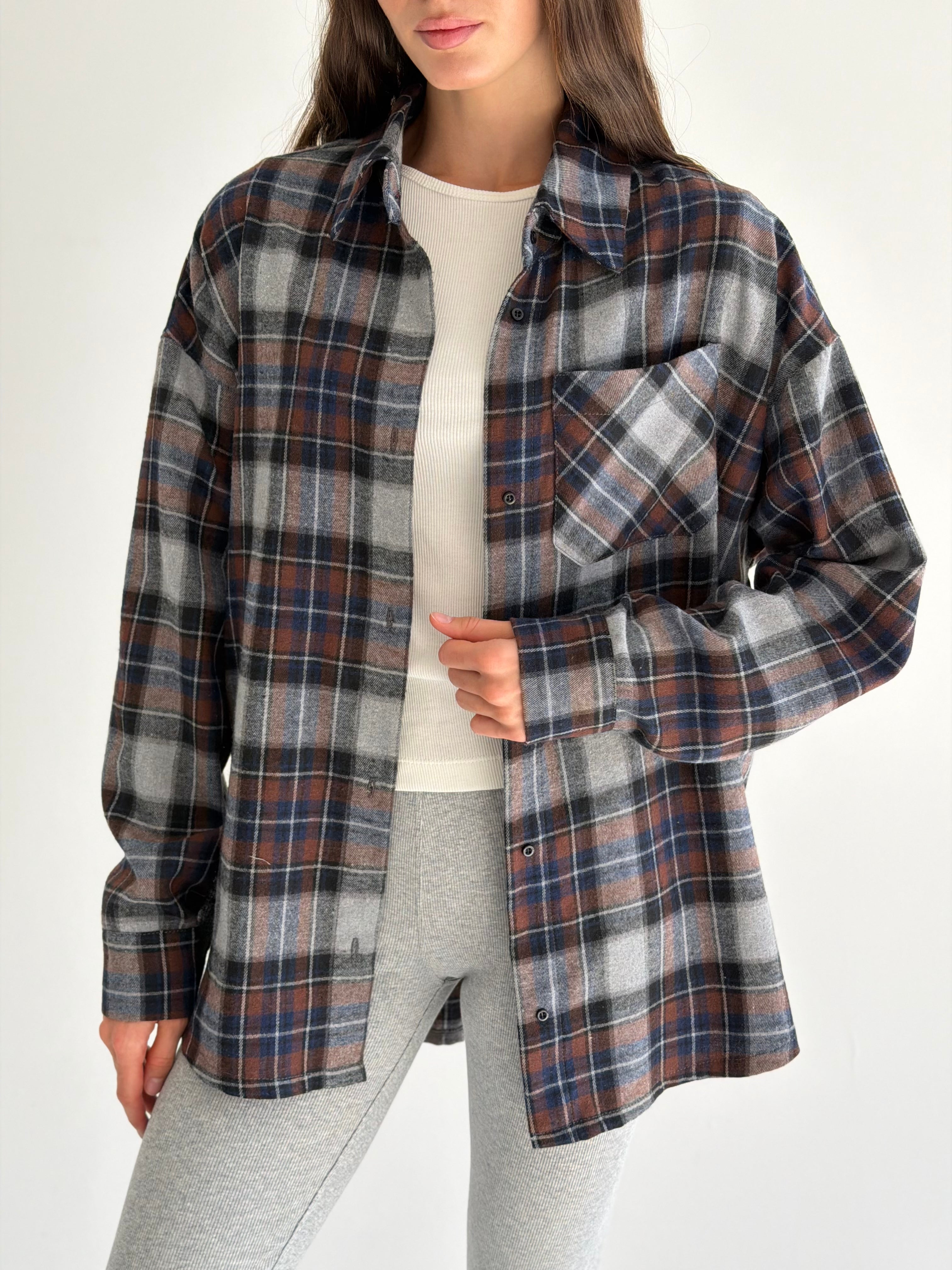 Koszula flanelowa w niebiesko-brązową kratę na szarym, One Size