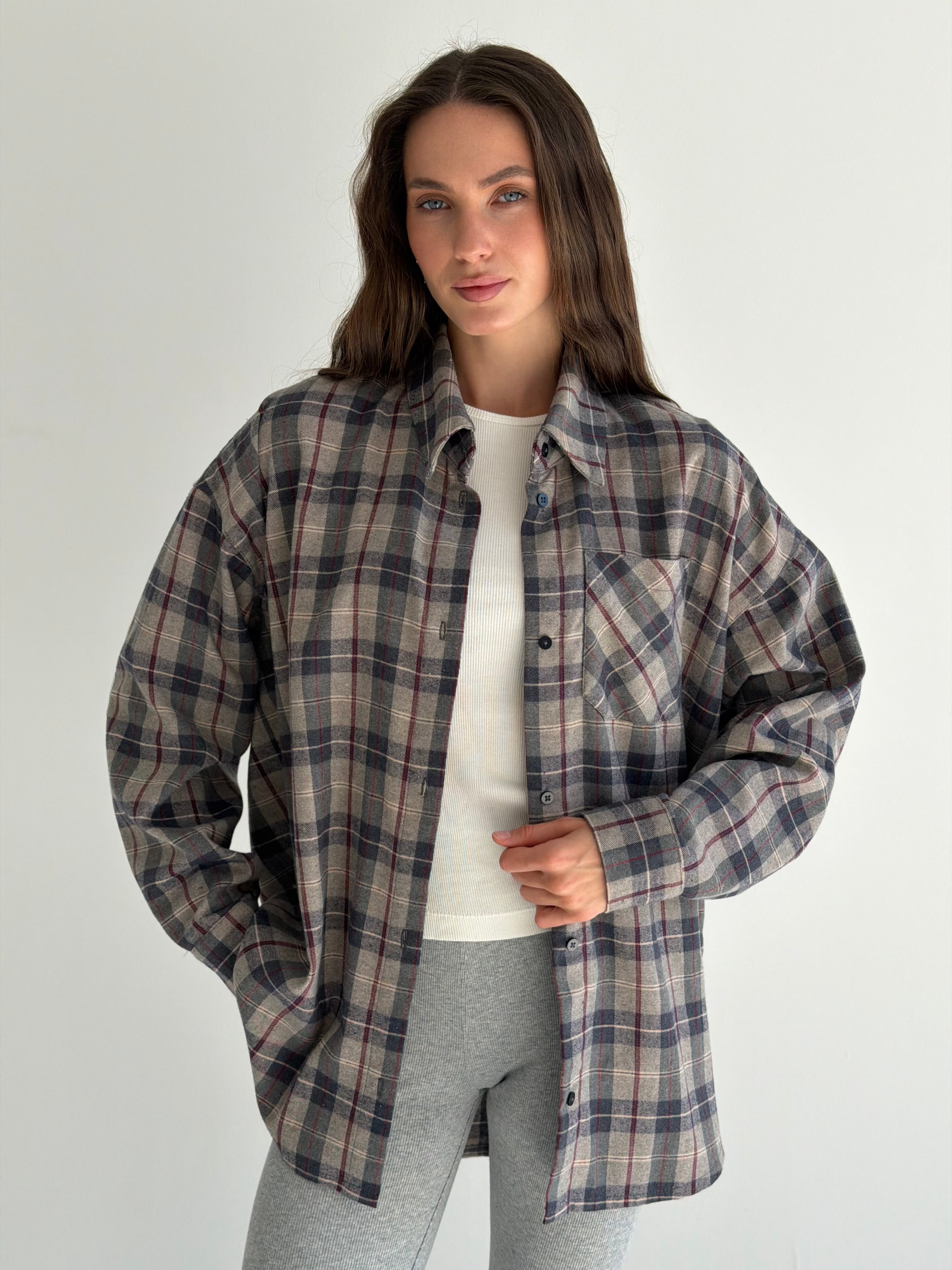 Koszula flanelowa w bordową kratę na szarym, One Size