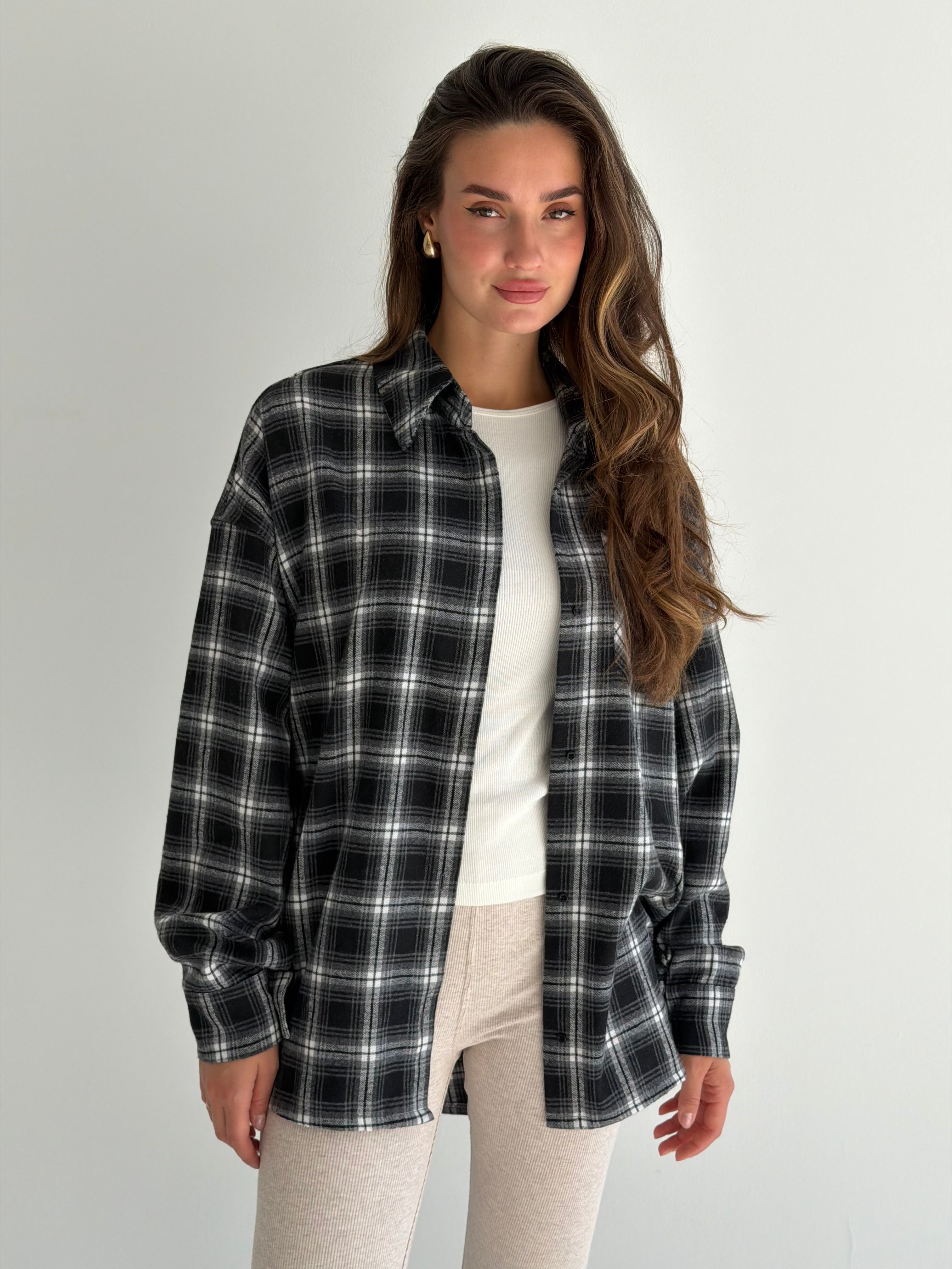 Koszula flanelowa w szaro-czarną kratę, One Size