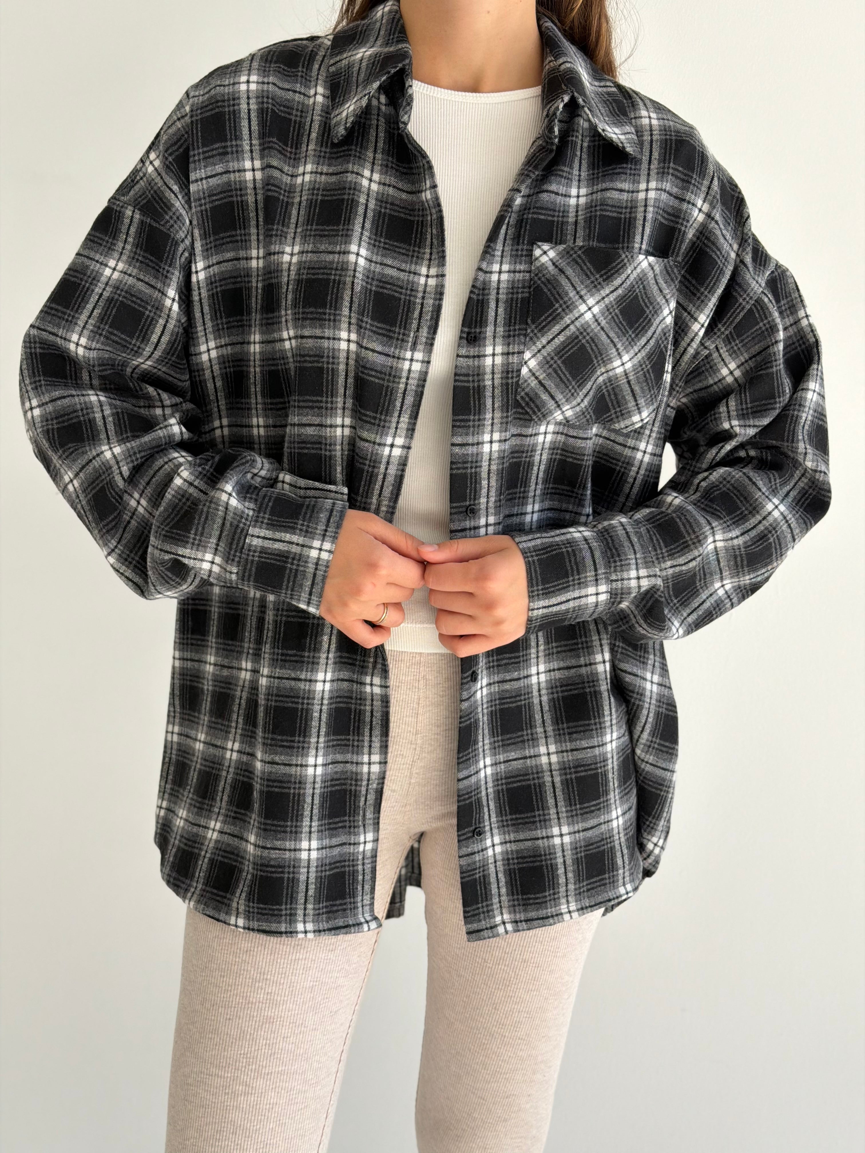 Koszula flanelowa w szaro-czarną kratę, One Size