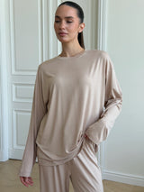 Komplet longsleeve i szerokie spodnie modal, beżowy