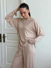 Komplet longsleeve i szerokie spodnie modal, beżowy