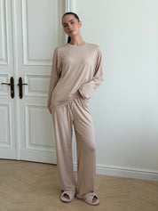Komplet longsleeve i szerokie spodnie modal, beżowy