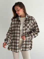 Koszula flanelowa w khaki kratę na mlecznym, One Size