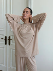 Komplet longsleeve i szerokie spodnie modal, beżowy