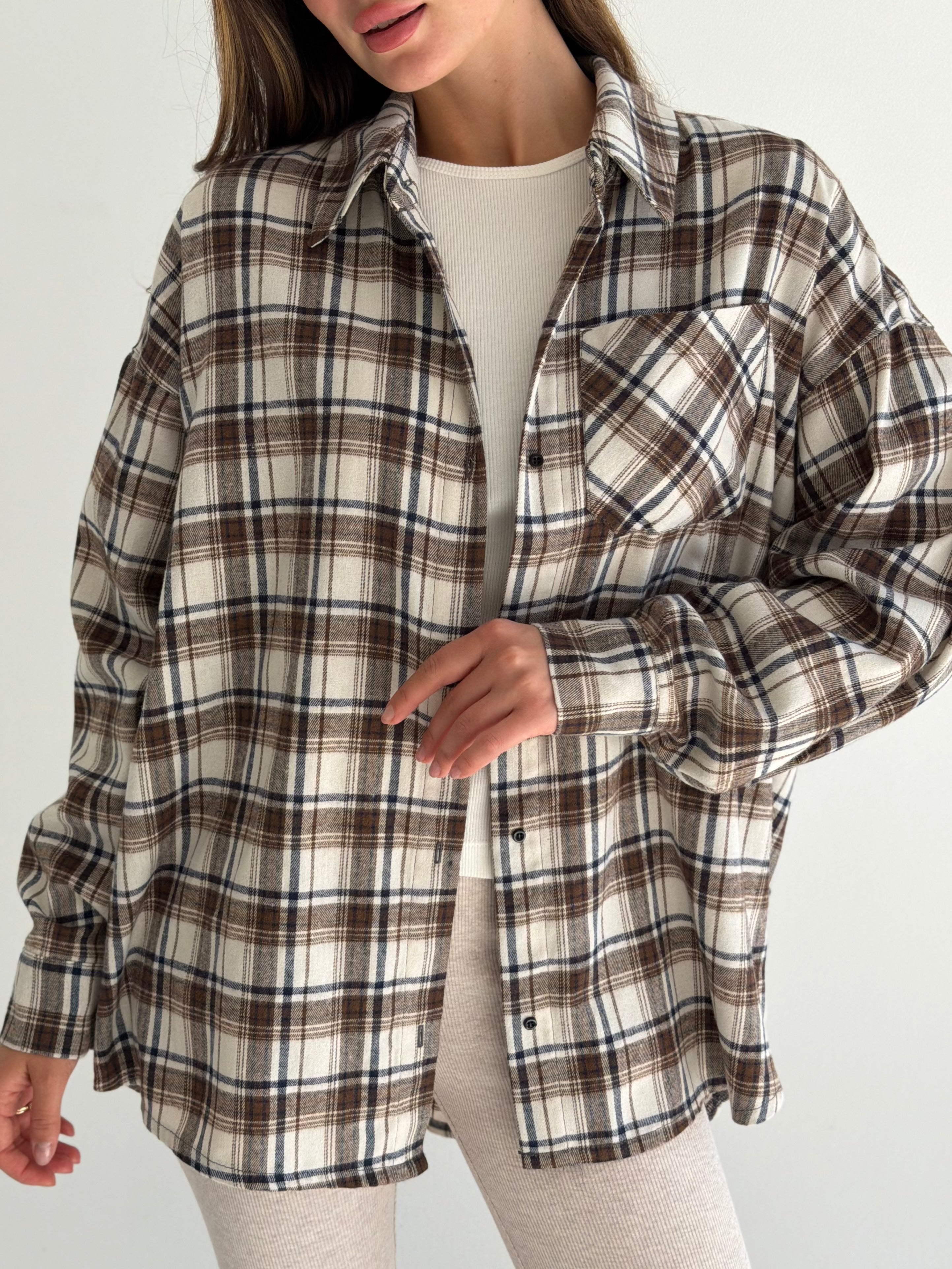 Koszula flanelowa w khaki kratę na mlecznym, One Size