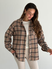 Koszula flanelowa w bordową kratę na beżowym, One Size