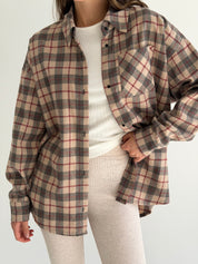 Koszula flanelowa w bordową kratę na beżowym, One Size