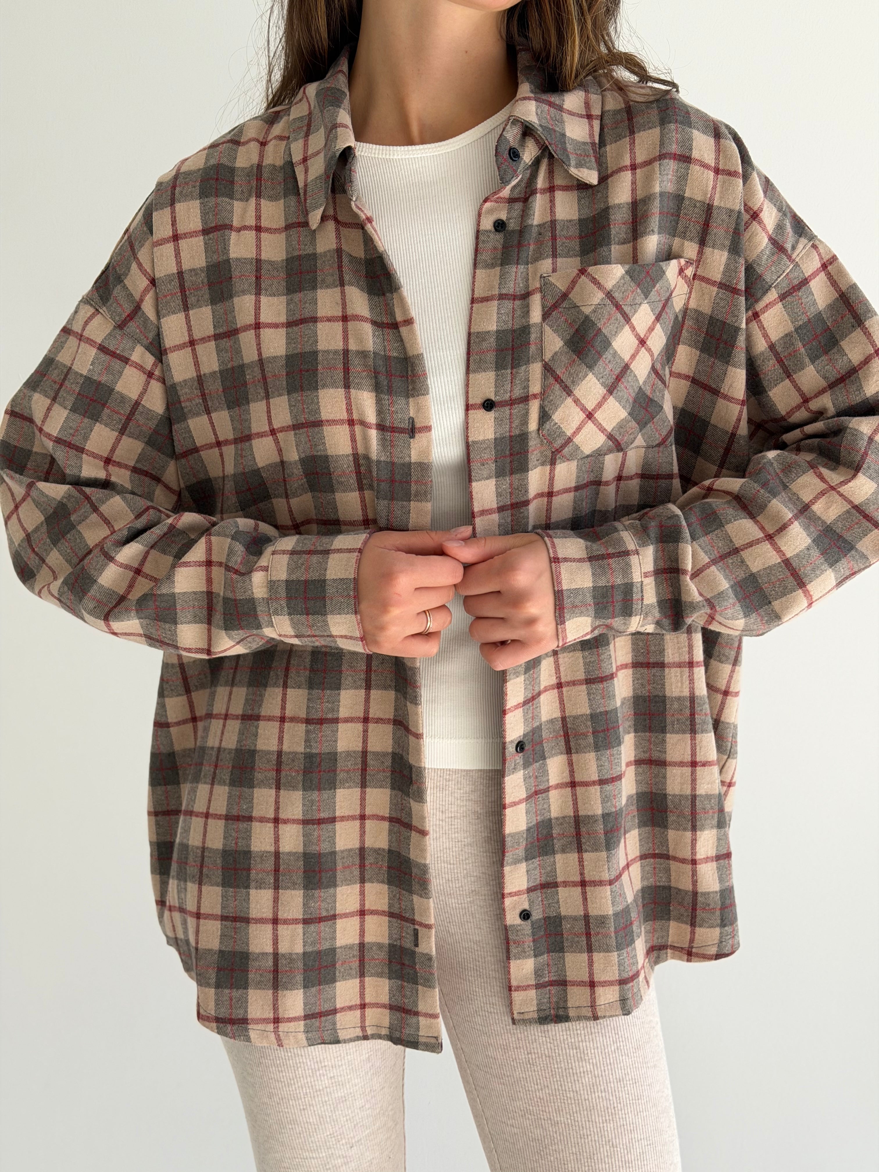 Koszula flanelowa w bordową kratę na beżowym, One Size