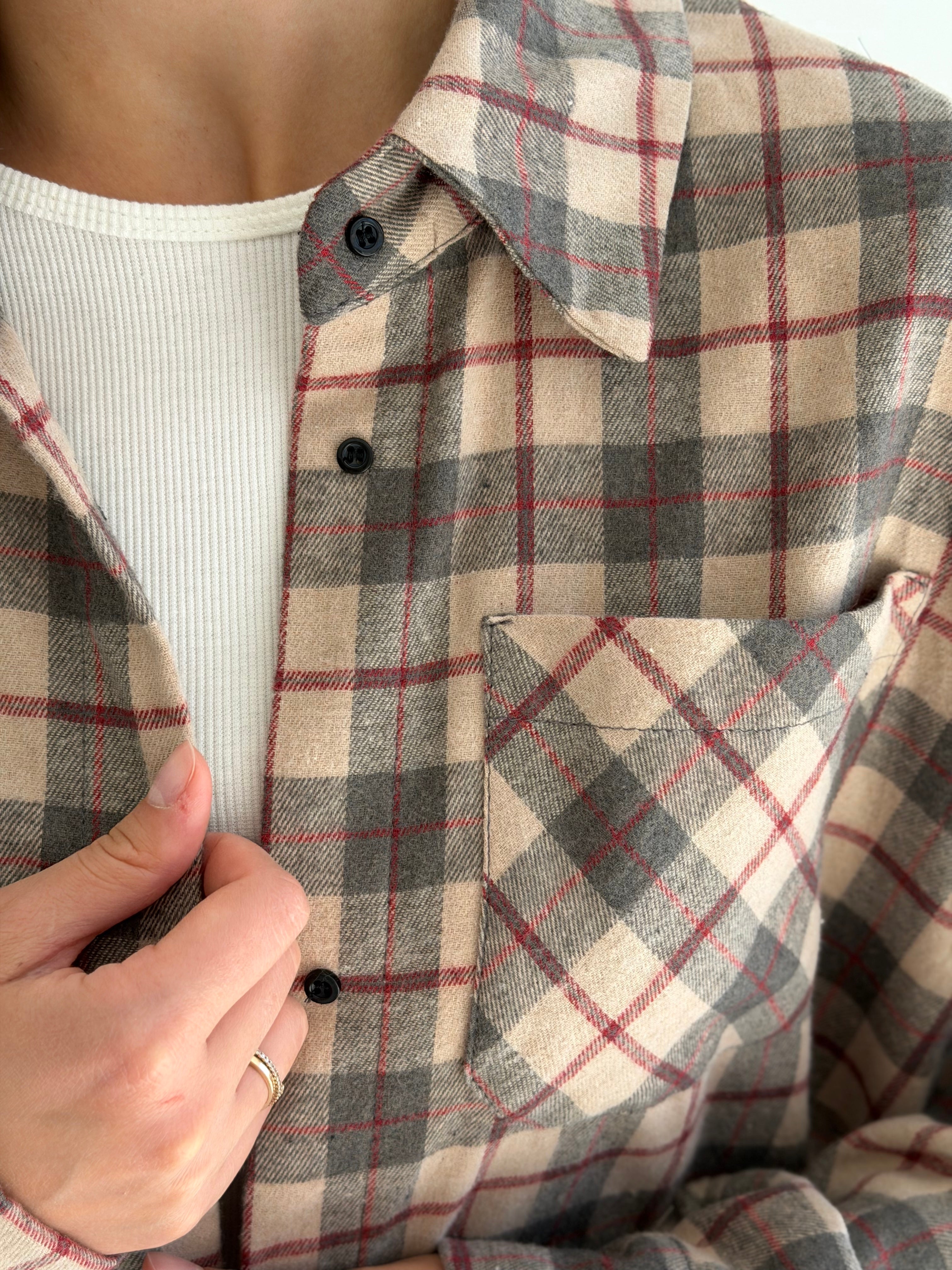 Koszula flanelowa w bordową kratę na beżowym, One Size