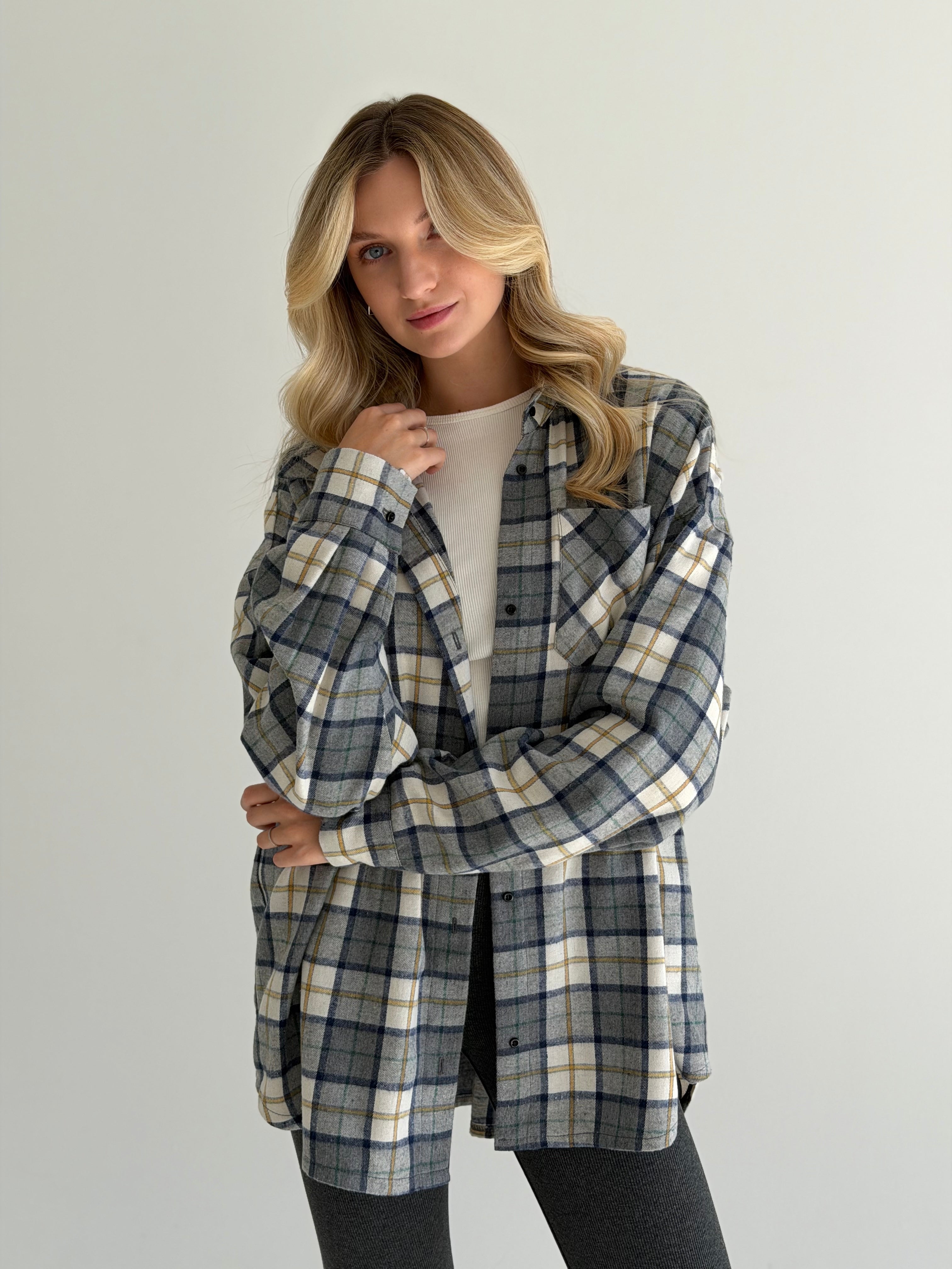 Koszula flanelowa w żółto-zieloną kratę na mlecznym, One Size