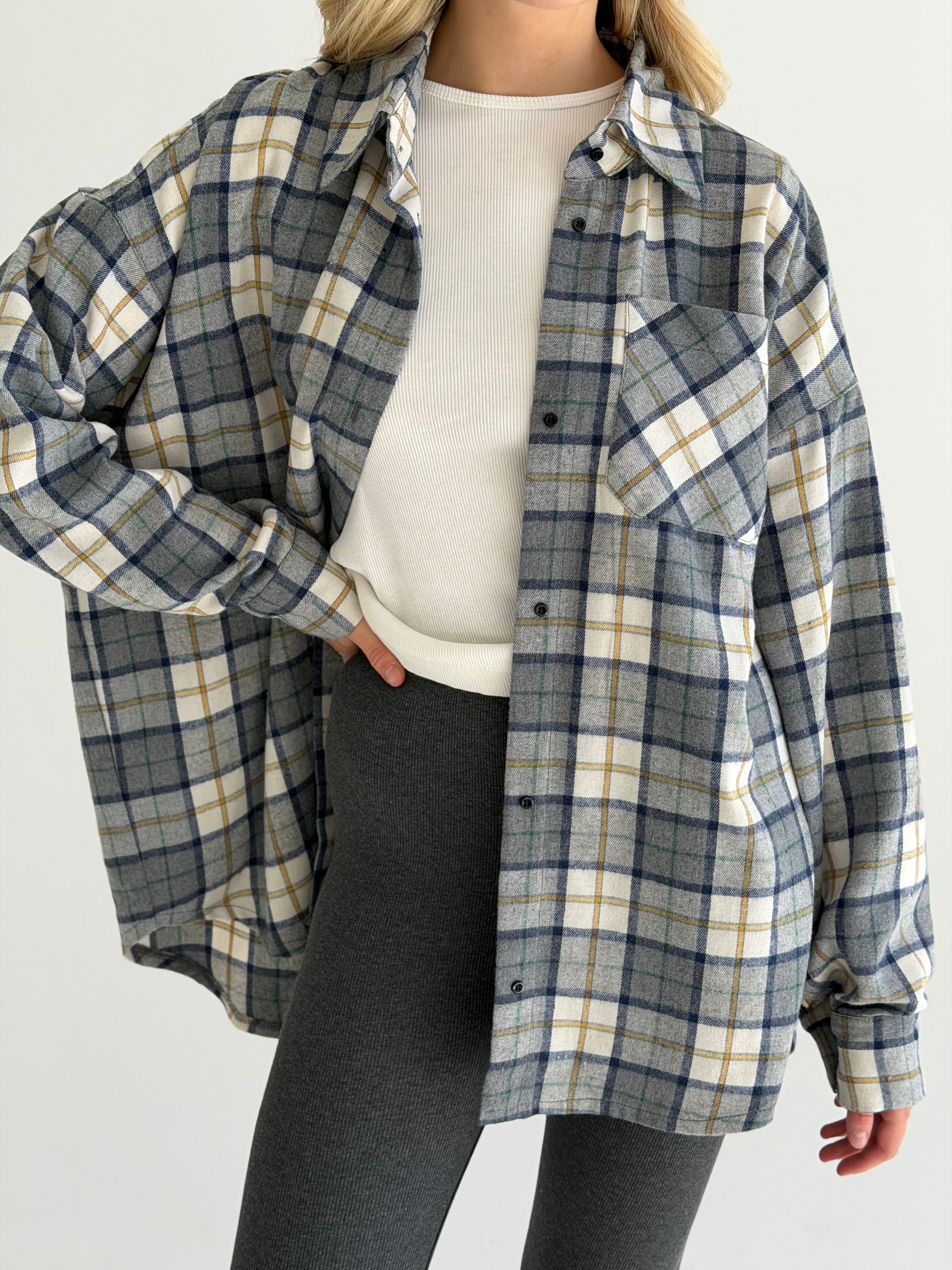 Koszula flanelowa w żółto-zieloną kratę na mlecznym, One Size
