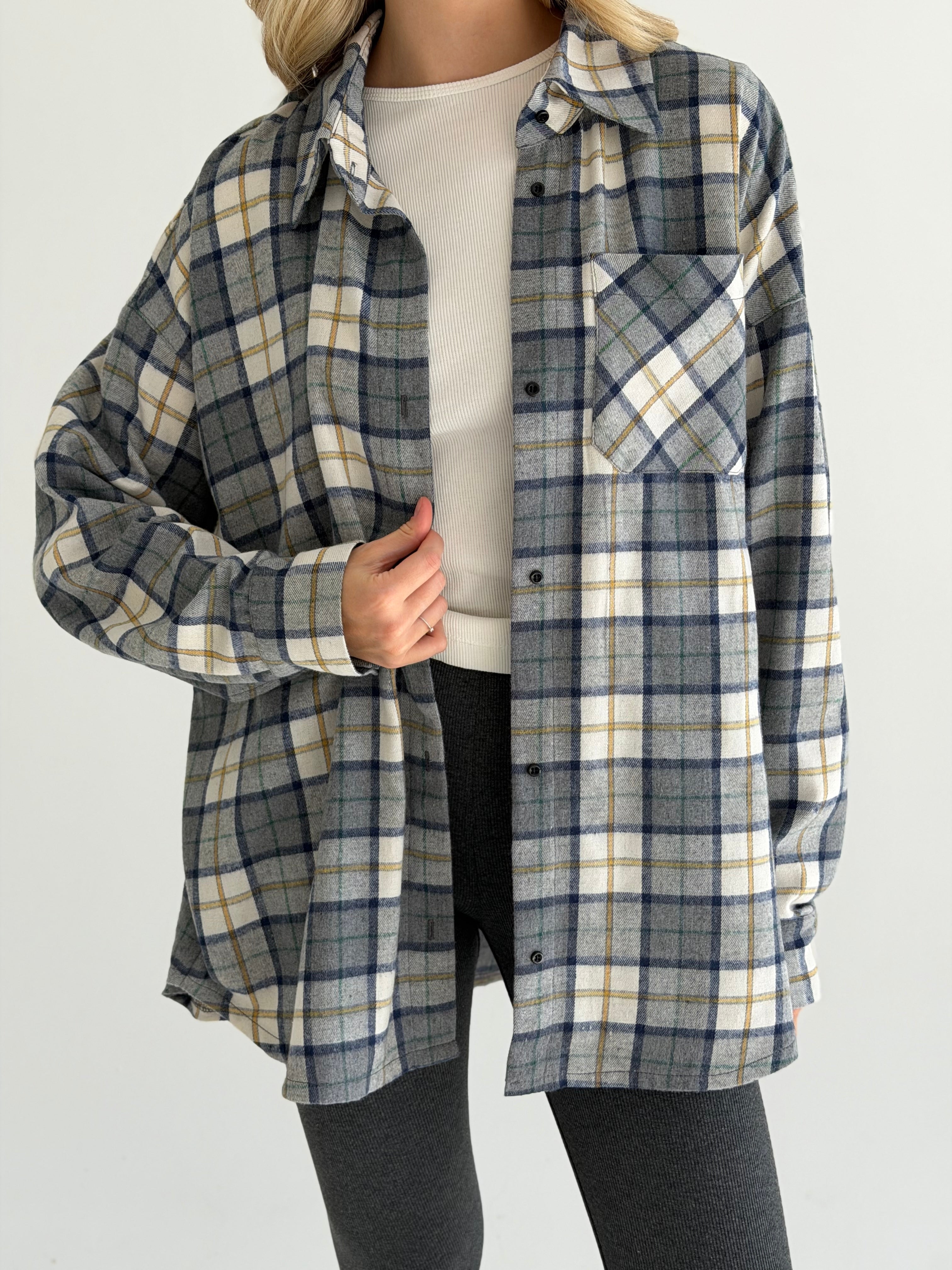 Koszula flanelowa w żółto-zieloną kratę na mlecznym, One Size