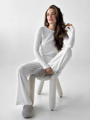 Komplet, dzianina prążkowana, szerokie spodnie i longsleeve, mleczny