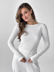 Komplet, dzianina prążkowana, szerokie spodnie i longsleeve, mleczny