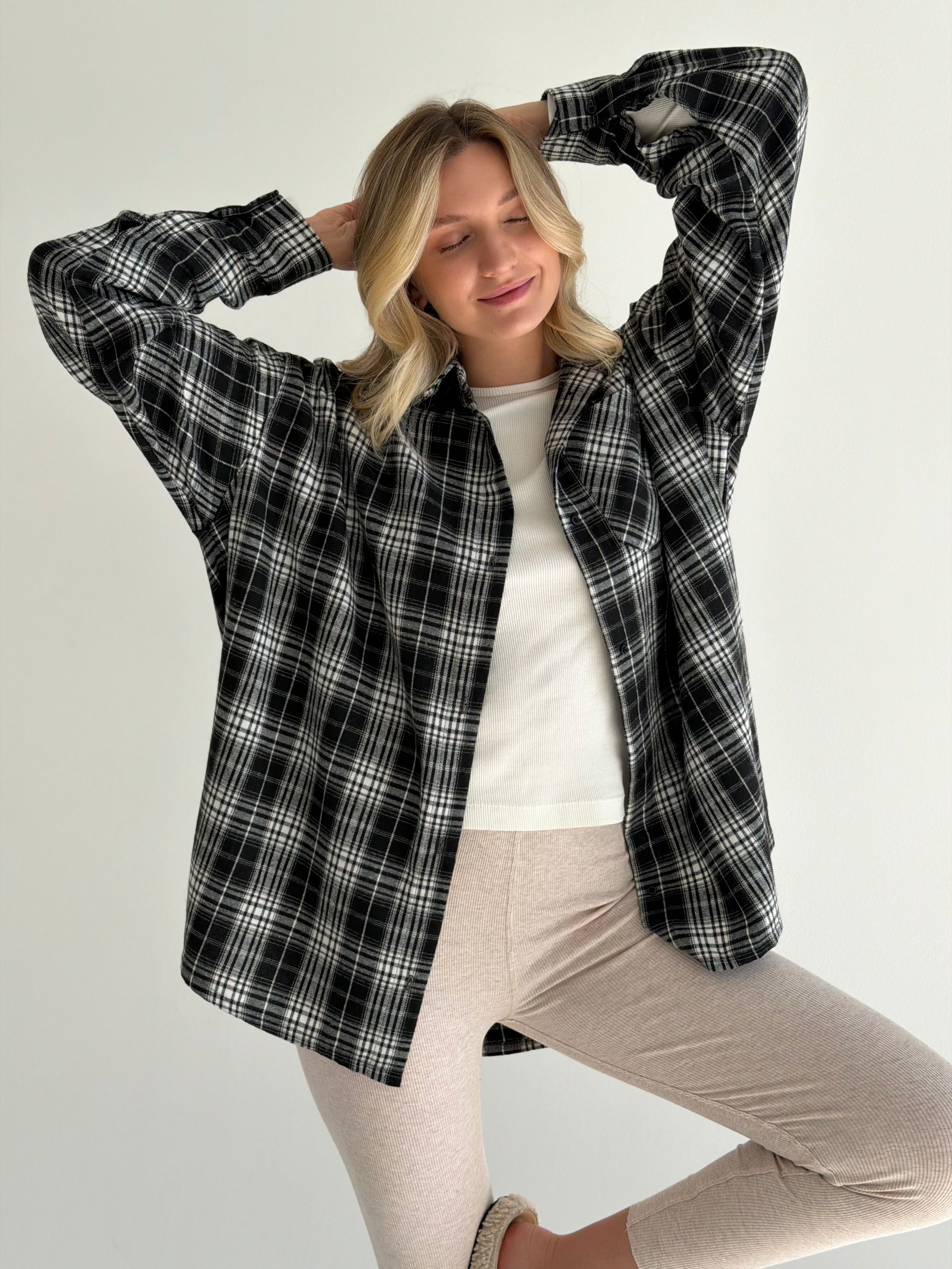 Koszula flanelowa w czarno-białą kratę, One Size