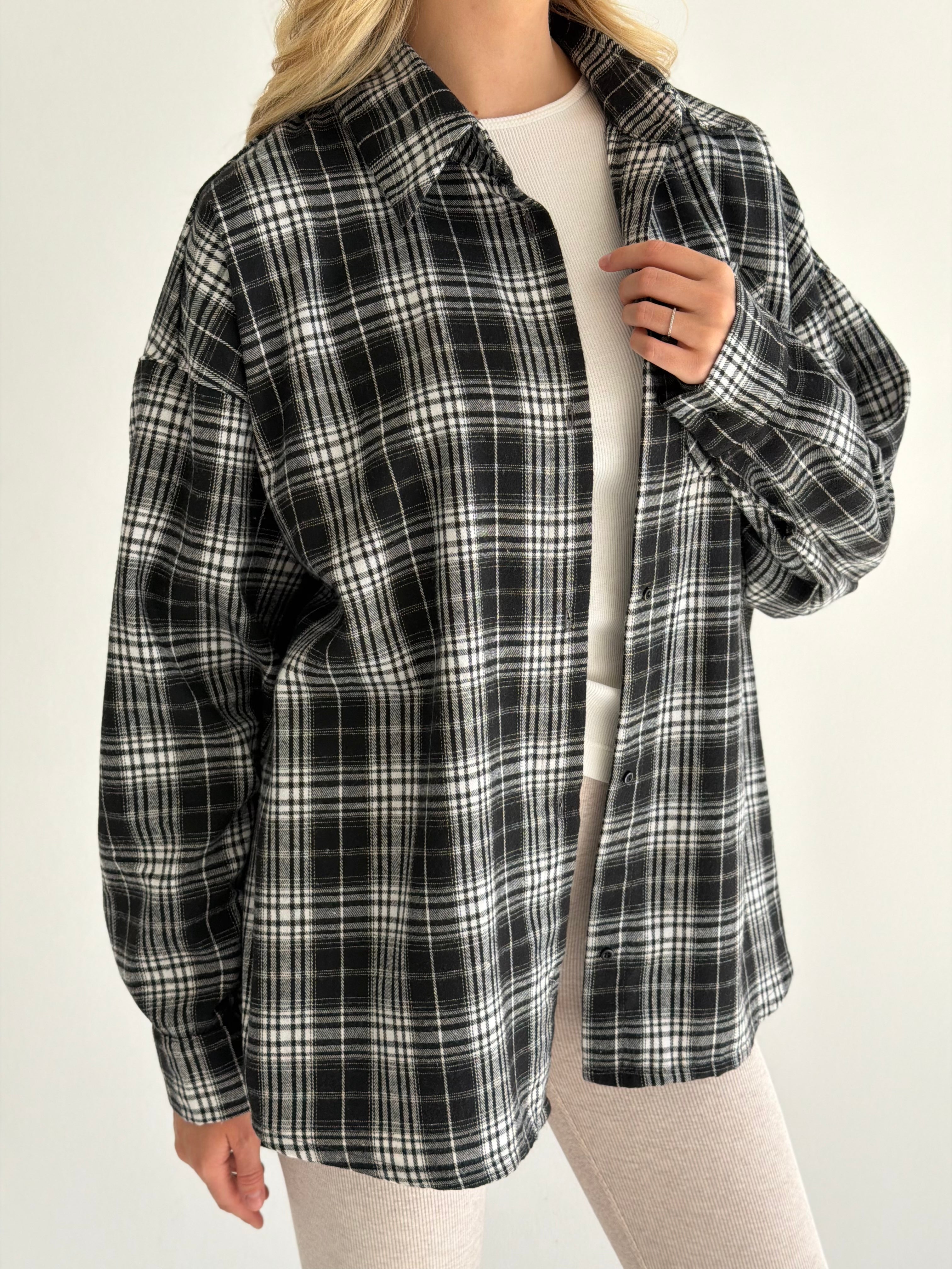 Koszula flanelowa w czarno-białą kratę, One Size