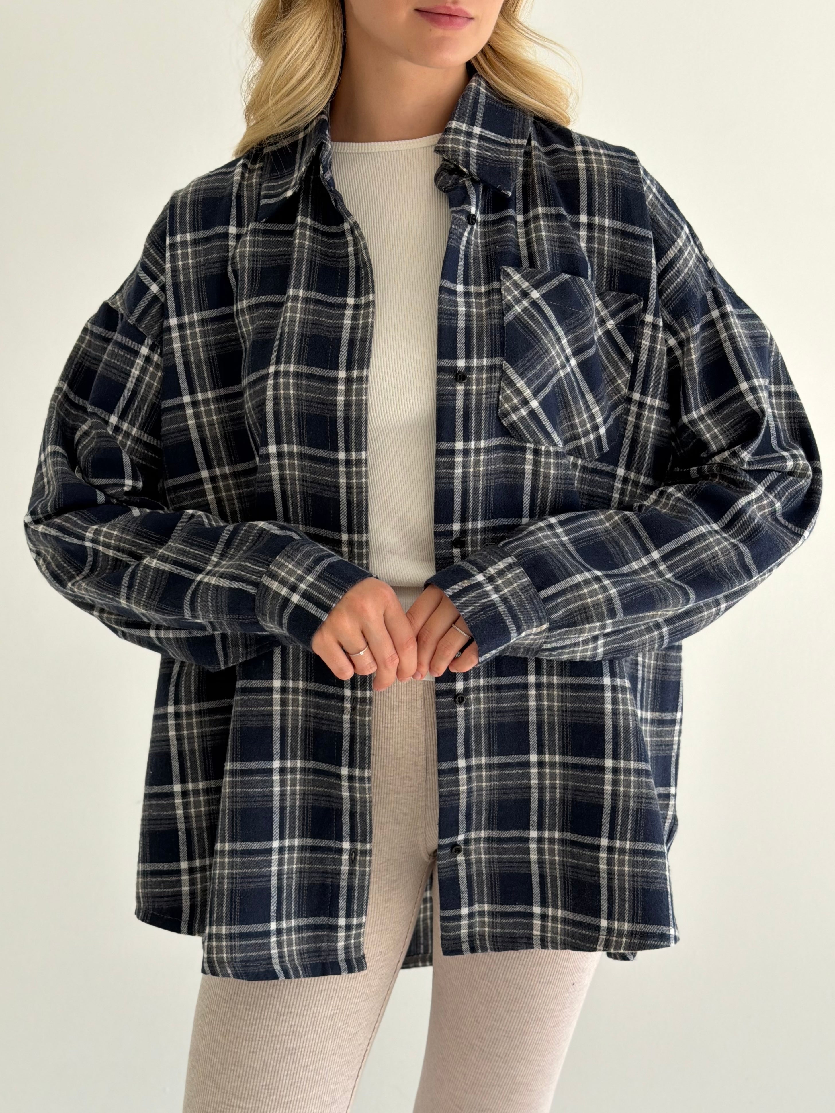 Koszula flanelowa w granatową kratę, One Size