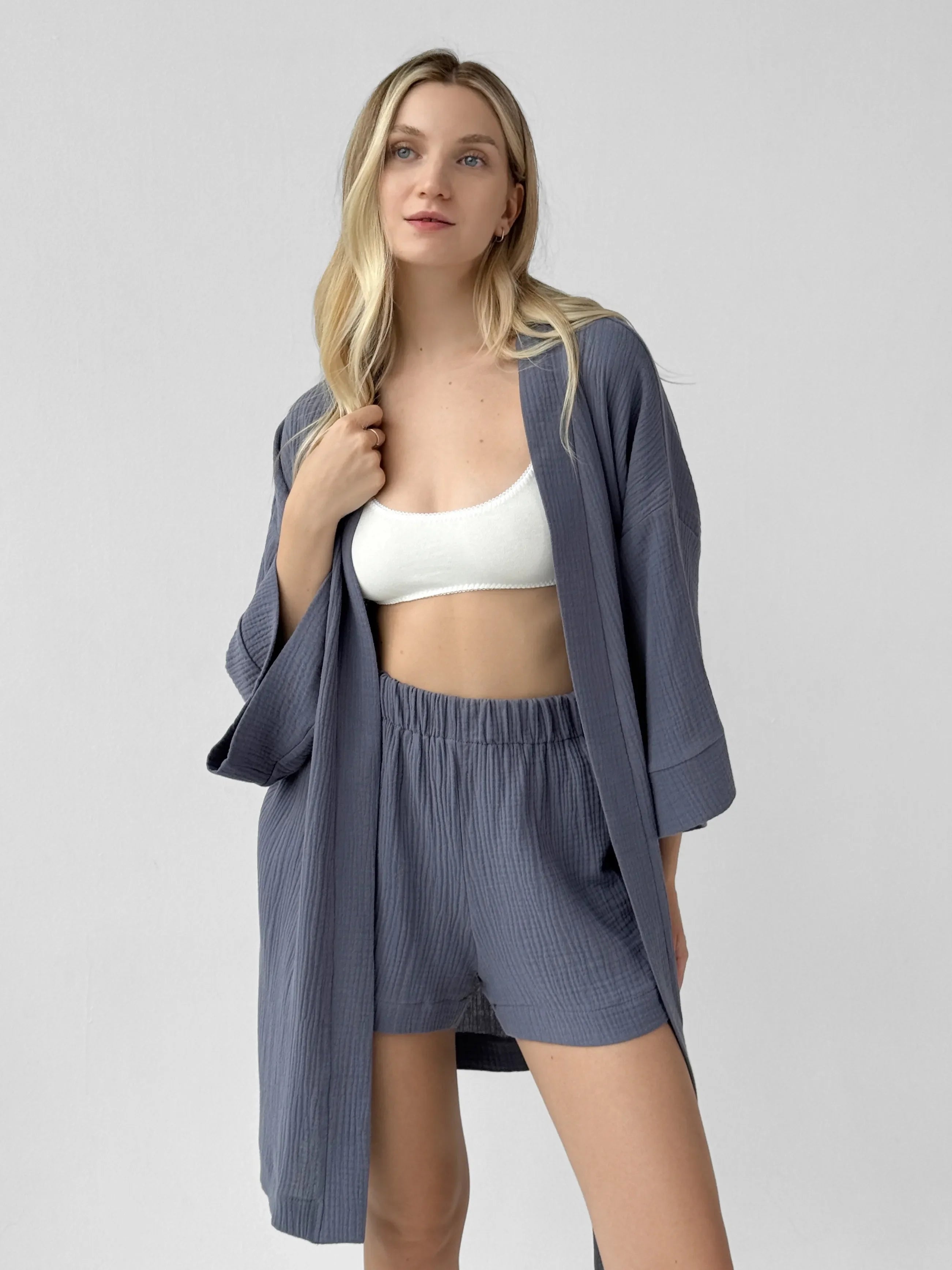Szlafrok krótki kimono muślin dwuwarstwowy, granatowy