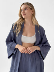 Szlafrok krótki kimono muślin dwuwarstwowy, granatowy