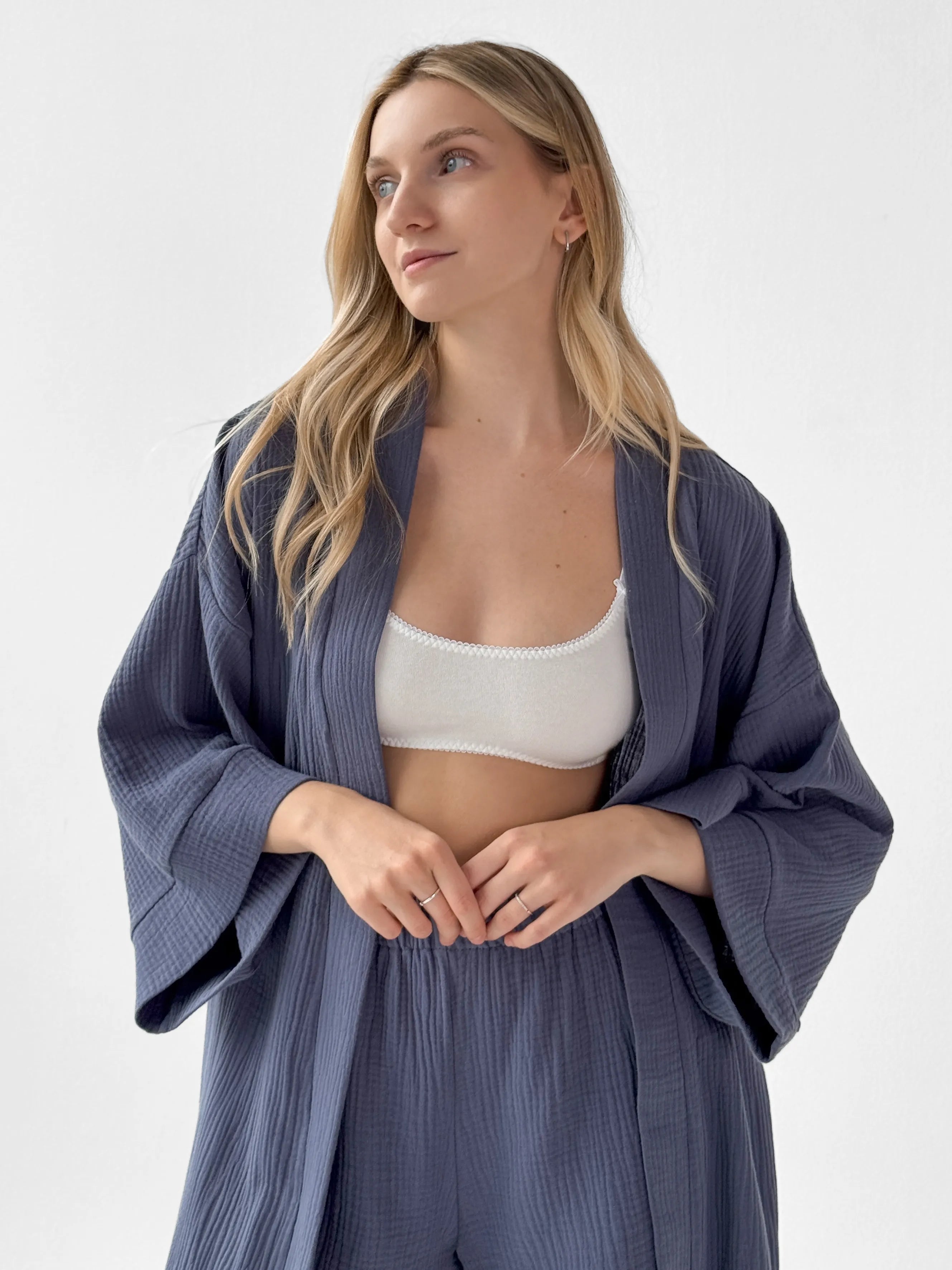 Szlafrok krótki kimono muślin dwuwarstwowy, granatowy