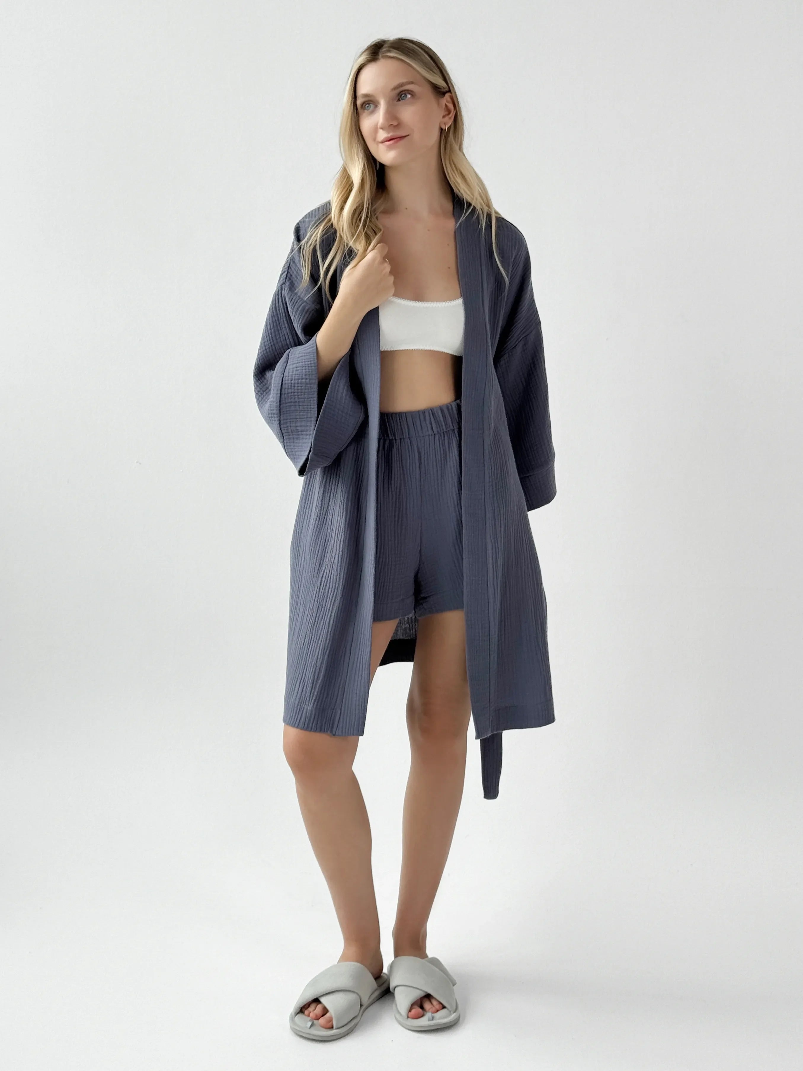 Szlafrok krótki kimono muślin dwuwarstwowy, granatowy