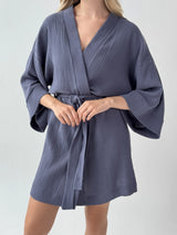 Szlafrok krótki kimono muślin dwuwarstwowy, granatowy
