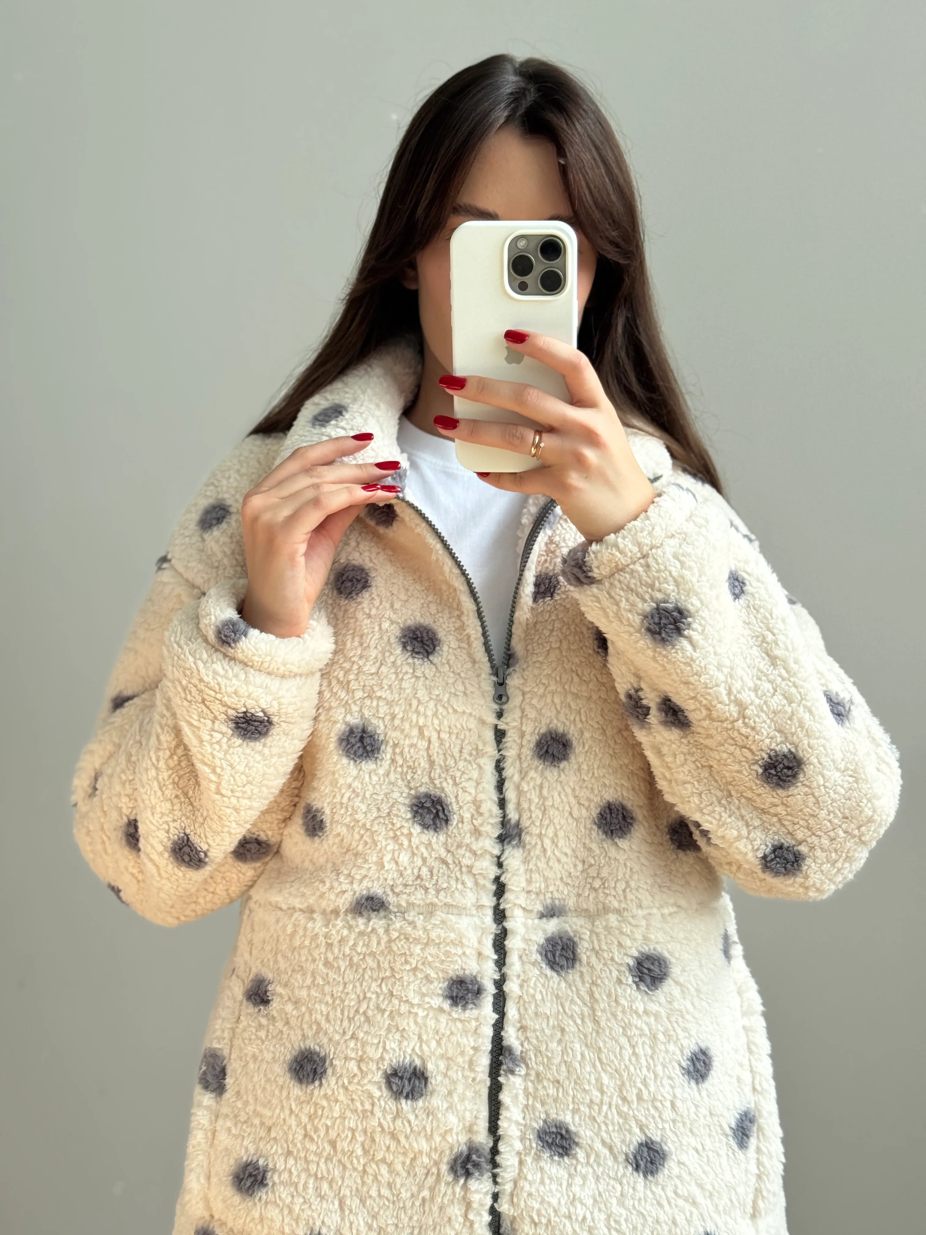 Bluza TEDDY na zamek ze stójką, czarna w groszki