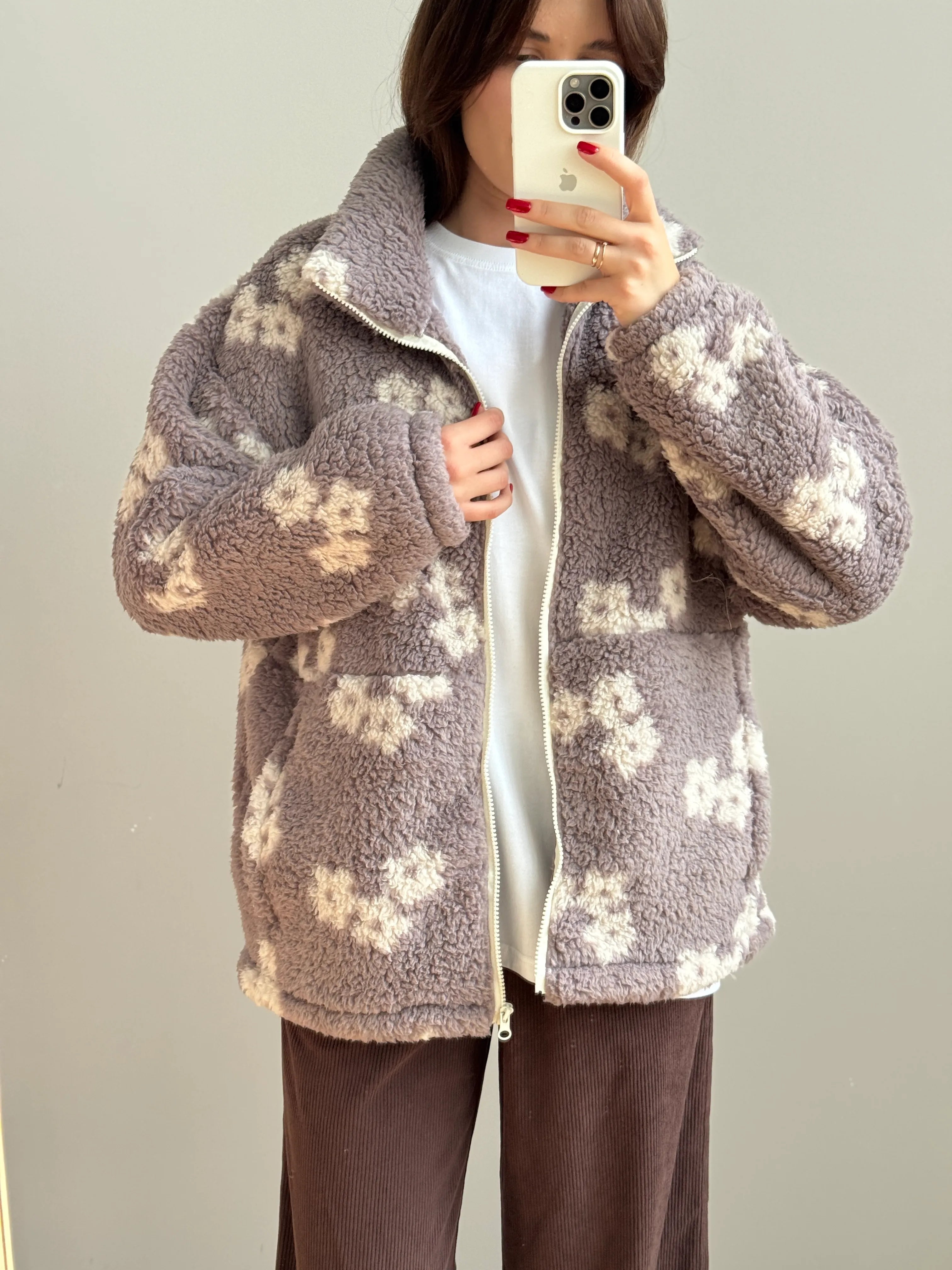 Bluza TEDDY na zamek ze stójką, biała w kwiaty
