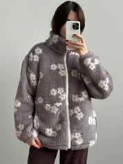 Bluza TEDDY na zamek ze stójką, biała w kwiaty