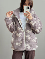 Bluza TEDDY na zamek ze stójką, biała w kwiaty