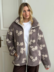 Bluza TEDDY na zamek ze stójką, biała w kwiaty