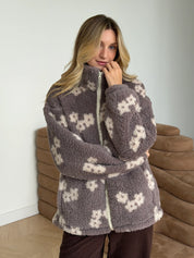 Bluza TEDDY na zamek ze stójką, biała w kwiaty