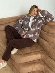 Bluza TEDDY na zamek ze stójką, biała w kwiaty