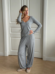 Longsleeve Soft Touch z dzianiny z dekoltem w serek, szary