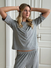 Komplet Soft Touch z dzianiny longsleeve i spodnie typu szarawary, szary
