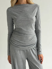 Longsleeve Soft Touch z dzianiny z dekoltem w łódkę, szary