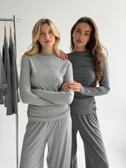 Longsleeve Soft Touch z dzianiny z dekoltem w łódkę, szary