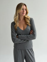 Longsleeve Soft Touch z dzianiny z dekoltem w serek, ciemnoszary