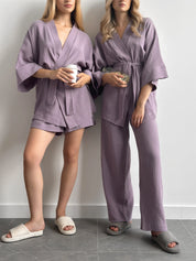 Komplet kimono i szorty muślin dwuwarstwowy, fioletowy