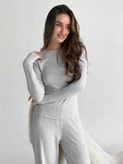 Komplet, dzianina prążkowana, szerokie spodnie i longsleeve, szary