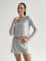 Komplet longsleeve i szorty, dzianina prążkowana, szary